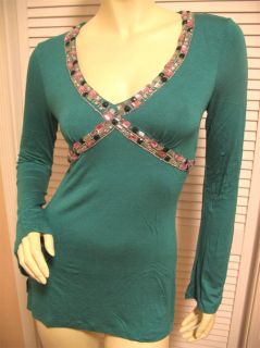 New Womens Jade Green Bell Long Sleeve V Neck Beads Jewelled Top