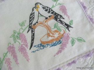 ViNtAgE Embroidered LOVEBIRDS & LILACS or Wisteria LAVENDER CROCHET 3
