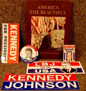 Lot of 6 Vintage JFK LBJ Collectibles Stickers Pins Playing Cards Book