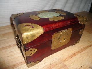 Vintage Jewelry Box Wood Brass Jade with Tray Lock Made in Shaghai