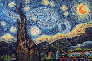 Starry Night Famous Van Gogh Repro Moon Stars Town Church 24x36 Oil