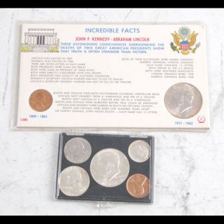 Kennedy & Lincoln Incredible Facts 2 Coin Card and 1964 Five Coins Set