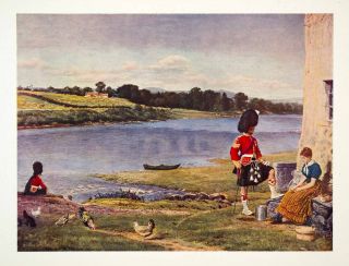 1923 Color Print Millais Flowing Sea Soldier Scotland Scottish River Kilt Boat  
