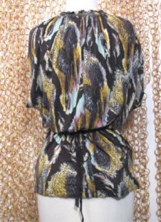 One September Anthropologie Brown Feather Print Sequin Trim Blouse Shirt Sz P XS  