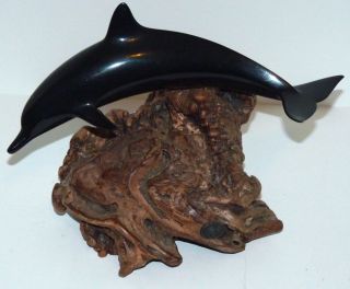 Vintage John Perry Ocean Dolphin Marine Mammal Fish Burl Wood Sculpture  