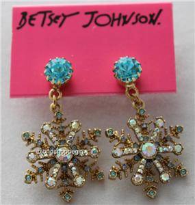 Betsey Johnson Blue Crystal Snowflakes Ice Angel Drop Earrings Princess Gold  