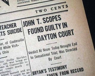 1925 Old Newspaper John T Scopes Monkey Trial Evolution Case Guilty Verdict  