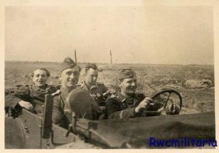 JOVIAL Group Luftwaffe Soldiers Posed Riding in KUBELWAGEN Jeep  