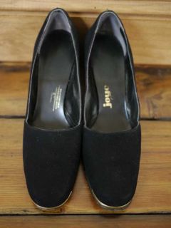 Vtg 50s Joyce Black Suede Leather Gold Piping Wedge Pumps 8 N 38 5  