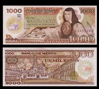 1000 Pesos Banknote Mexico 1985 XN Poet Nun Juana Inés Pick 85 Crisp UNC  