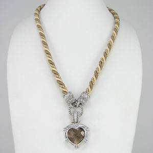 JUDITH RIPKA Silk Cord Necklace w Sterling Silver Smoky Topaz Heart Pendant G  