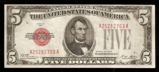 1928 $5 Five Dollar Red Seal United States Note AU Condition