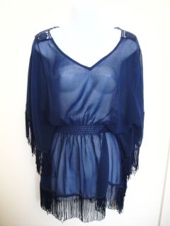 Solitaire by Ravi Khosla Navy Blue Fringe Crochet Cover Up Dress s $68