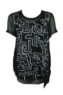 Phillip Lim Womens Black Sequin Embellished Short Sleeve Top $425