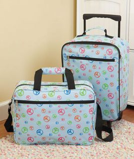 New 2 Pc Kids Peace Sign Rolling Luggage Wheeled Suitcase & Messenger