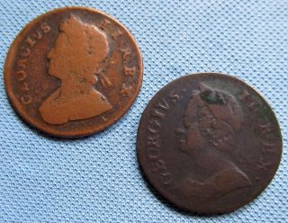 Lot of 2 King George II British US Colonial Halfpenny Coppers 1730