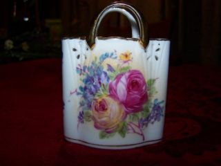 Limoges China Hand Painted Roses Mini Basket Vase