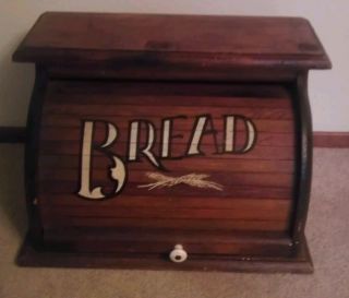 Antique Large Wooden Roll Top Bread Box Kitchen Storage Box