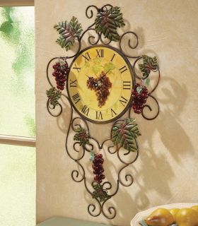 3D Vineyard Metal Kitchen Grape Vine Wall Clock Decor Art Vintage