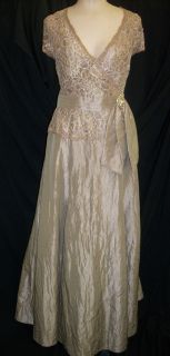 KM Collections Dress V Neck Lace Bodice Size 10 in Mocha with Gold