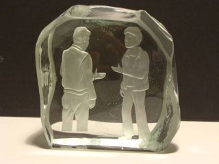1973 RM Yates Signed Studio Art Glass Etched Block Men