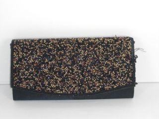 La Regale Black Bronze Gold Beaded Flap Evening Handbag Purse