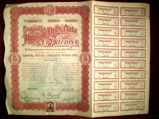 Mexico Minas de Oro Y Plata La Preciosa Share Certificate 1909 Fair