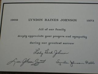Lyndon Johnson Lady Bird Johnson Sympathy Card 1973