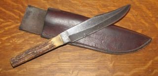 Old Stag Handle Bowie Knife in Custom Leather Sheath