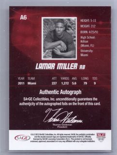 Miami Dolphins 2012 Lamar Miller Authentic Autograph RC Card