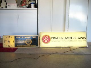 Vintage Pratt Lambert Paint Lighted Signs One with Clock