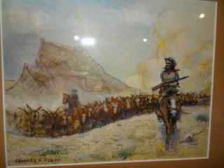 Leonard H Reedy original watercolor painting cattle drive listed signd