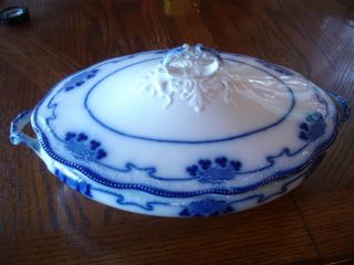 Antique Flow Blue Grindley Lorne Oval Covered Vegetable Bowl Dish