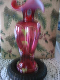 Fenton Hand Painted Tall Cranberry Vase Opalescent Rim