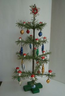 Vtg 12½ Tall Paper Fabric Made Christmas Tree w Glass Ornaments