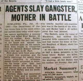 1935 Newspaper w Headline MA Barker Gangster Son Killed by FBI Ocala