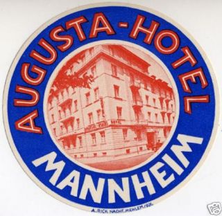 Augusta Hotel Mannheim Germany Old Luggage Label