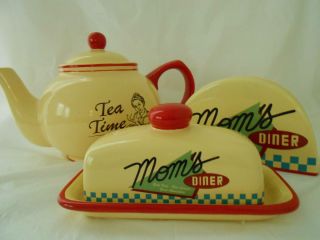 Moms Diner Set of 2 Butter Dish Napkin Holder with Tea Time Tea Pot