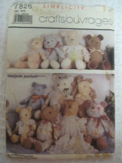 Vintage Simplicity 7826 Marjorie Puckett Stuffed Bears Sewing Pattern