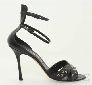 Manolo Blahnik Black Leather Double Ankle Strap Grommet Heels Size 38