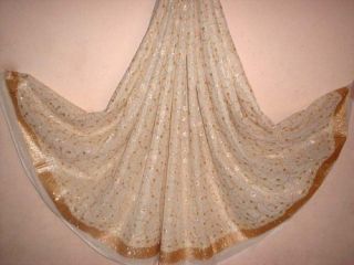 Indian Heavy Golden Glittery Sari Fabric Curtain Ivory
