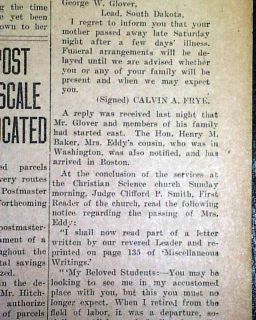 SCIENCE Monitor Old Newspaper w/ MARY BAKER EDDY Death 1st Report