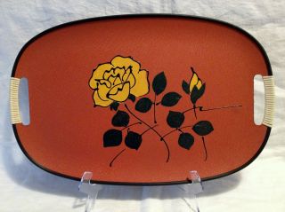 Vintage masonite Tray wrapped handles hand painted Yellow Rose on