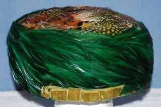 VINTAGE PILLBOX HAT OLIVE GREEN WOOL FELT FEATHERS TERRY SALES CORP NY
