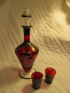 Antique Ruby Red Venetian Glass Decanter Set Silver Overlay Hand Blown