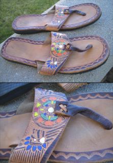 Vtg 70s Mens Aztec Mayan Hippie Thong Leather Sandals Sz 7 Mexico