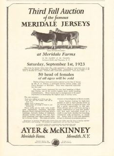 1920s vintage MERIDALE Jersey Cow FARM Sale Ad MEREDITH NY Ayer