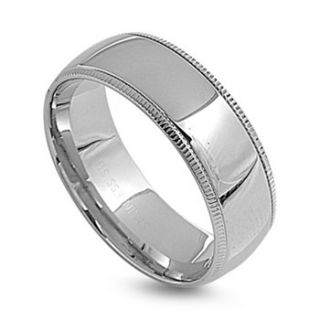 Wedding Band 8M Wide Milgram Polished Comfort Fit Stainless Steel Ring