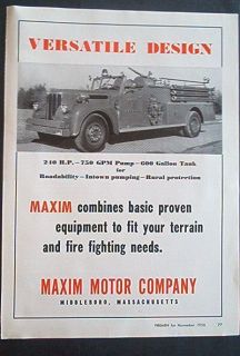 1956 Maxim Motor Co Fire Truck Ad Middleboro Mass Pump