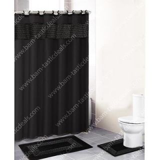 BLACK 18 Pc. Bathroom Set2 Rugs/Mat s/1 Fabric Shower Curtain/12 Pla